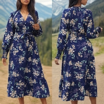Fashion Floral Printed V-neck Long Sleeve Self-tie Waist Midi Dress