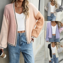 Fashion Contrast Color Long Sleeve Knitted Cardigan