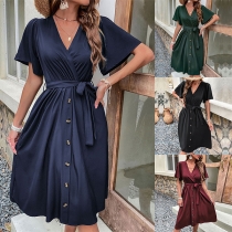Fashion Solid Color V-neck Short Sleeve Button Self-tie Mini Dress