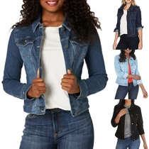 Cropped Slim-Fit Denim Jacket with Long Sleeves