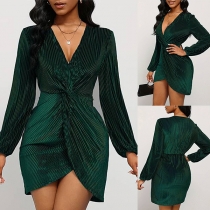 Velvet V-Neck Bodycon Dress with Long Sleeves