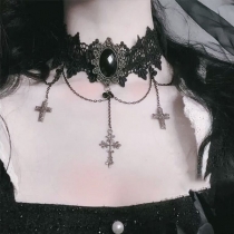 Vintage Rhinestone Cross Tassel Choker