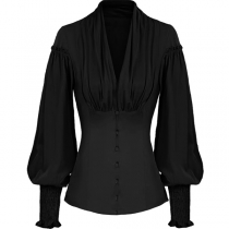 Vintage Ruched Long Sleeve V-neck Buttoned Shirt