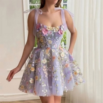 3D Floral Embroidered Hip-Hugging Suspender Dress