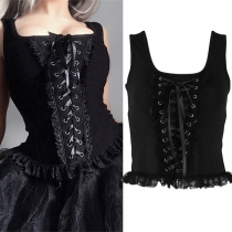 Vintage Lace-up Square Neck Ruffle Hemline Sleeveless Cami Shirt