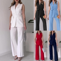 Fashion Suit Two-piece Set Consist of Self-tie Vest and Straight-cut Pants