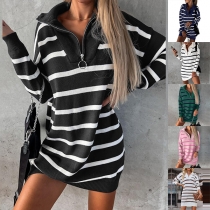 Fashion Contrast Color Stripe Printed Half-zipper Long Sleeve Knitted Sweater Dress