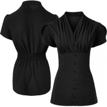 Vintage Ruched V-neck Short Sleeve Shirt