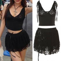 Sexy Lace Two-piece Set Consist of V-neck Crop Top and Bowknot Mini Skirt