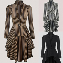 Vintage Vertical Striped Printed V-neck Long Sleeve High-low Hemline Shirt