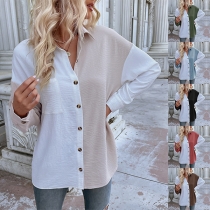 Fashion Contrast Color Stand Collar Long Sleeve Blouse