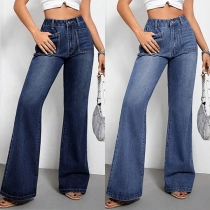 Fashion Patch Pockets High-rise Old-washed Straight-cut Denim Jeans