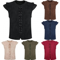Vintage Ruffle Cap Sleeve Lace-up Suede Shirt