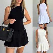 Casual Contrast Color Crew Neck Sleeveless Pleated Tank Dress