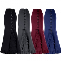 Vintage Lace-up Ruffle Fishtail Maxi Skirt for Halloween Cosplay