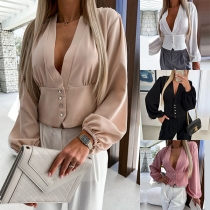 Fashion Solid Color V-neck Long Sleeve Button Crop Shirt