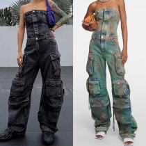 Street Fashion Strapless Multi-pockets Loose Denim Jumpsuit