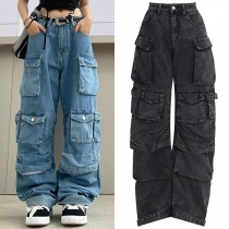 Street Fashion Multi-pockets Loose Old-washed Denim Jeans