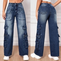 Fashion High-rise Side Patch Pockets Straight-cut Old-washed Denim Jeans
