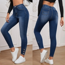 Fashion High-rise Side Button Old-washed Skinny Denim Jeans