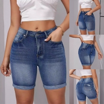 Fashion Mid-rise Roll Hemline Old-washed Skinny Denim Shorts
