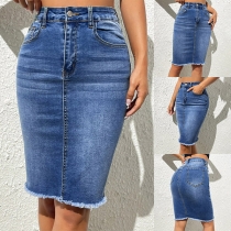 Fashion Frayed Hemline Old-washed Denim Pencil Skirt