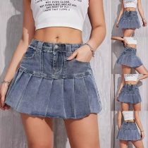 Fashion Pleated Hemline Denim Skirt