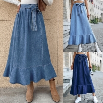 Fashion Self-tie Elastic Waist Ruffle Hemline Denim Skirt