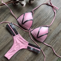 Gold-Stamped Fabric-Stitched Bikini Swimsuit
