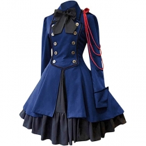 Retro Gothic Steampunk Dress: Long Sleeves, Bow, Ruffles