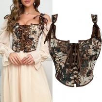 Fashion Floral Jacquard Lace-up Crop Corset Top