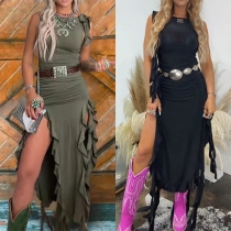 Fashion Crew Neck Sleeveless Ruffle Slit Maxi Dress