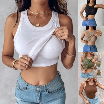 Fashion Crew Neck Sleeveless Built-in Bra Ribbed Tank Top