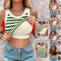Comfy Stripe Printed Crew Neck Sleeveless Built-in Bra Ribbed Tank Top