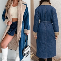 Fashion Plush Lined Notch Lapel Long Sleeve Denim Jacket