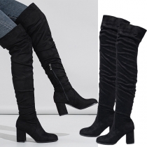 Fashion Solid Color Side Zipper Block Heeled Over-the-knee Boots