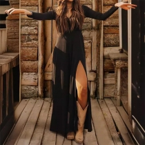 Fashion V-neck Long Sleeve Slit Maxi Dress