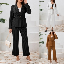 Elegant Vertical Striped Printed Two-piece Suit Set Consist of Notch Lapel Blazer and Pants