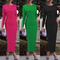 Fashion Solid Color Crew Neck Long Sleeve Ruched Bodycon Maxi Dress