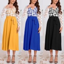 Fashion Contrast Color Lace Spliced V-neck Long Sleeve Self-tie Waist Dress