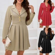 Elegant Notch Lapel Button V-neck Long Sleeve High-rise Pleated Mini Dress