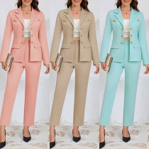Fashion Solid Color Two-piece Suit Set Consist of Double-breasted Blazer and Pants