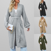 Casual Solid Color Long Sleeve Self-tie Knitted Long-line Cardigan