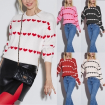 Cute Contrast Color Heart Printed Crew Neck Long Sleeve Knitted Sweater