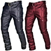 Fashion Solid Color Side Patch Pockets Artificial Leather PU Pants for Men