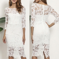 Elegant Crew Neck Long Sleeve Back Slit Bodycon Lace Dress