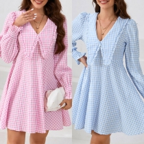 Fashion Lapel V-neck Long Sleeve Plaid Dress