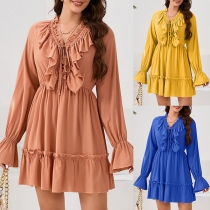 Fashion Ruffle Lace-up V-neck Long Sleeve Mini Dress