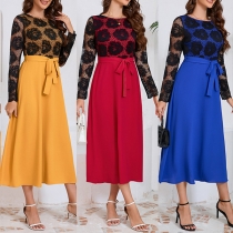 Fashion Contrast Color Lace Spliced Crew Neck Long Sleeve Self-tie Waist Midi Dress