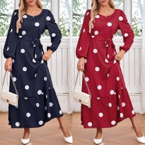 Fashion Dot Printed Crew Neck Long Sleeve Self-tie Maxi Dress